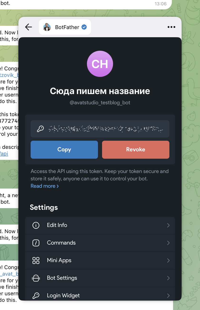 Экран бота после создания: токен, кнопки Copy и Revoke