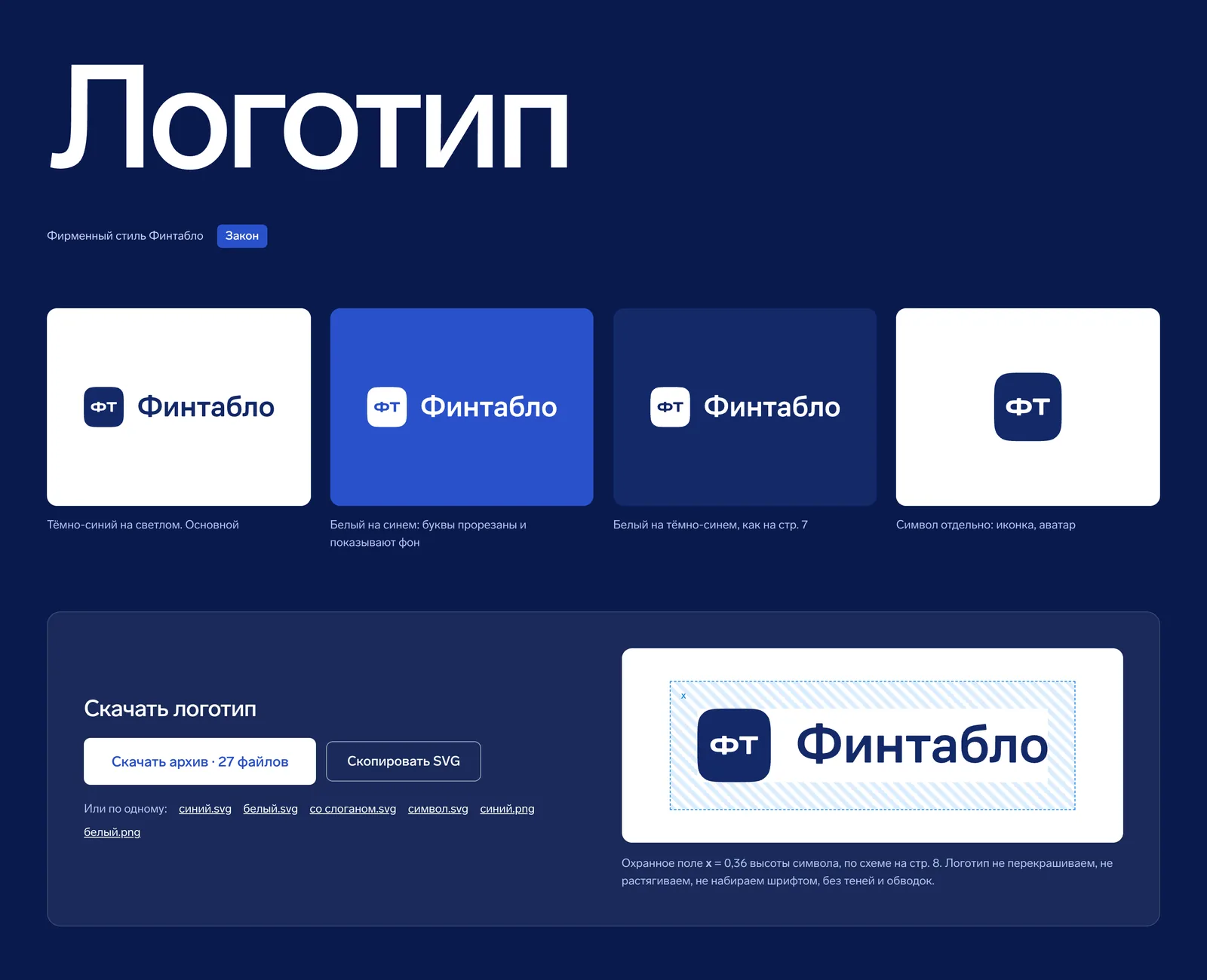 Раздел «Логотип» в брендбуке Финтабло: варианты на белом, синем и тёмно-синем фоне, кнопка скачивания архива из 27 файлов и схема охранного поля