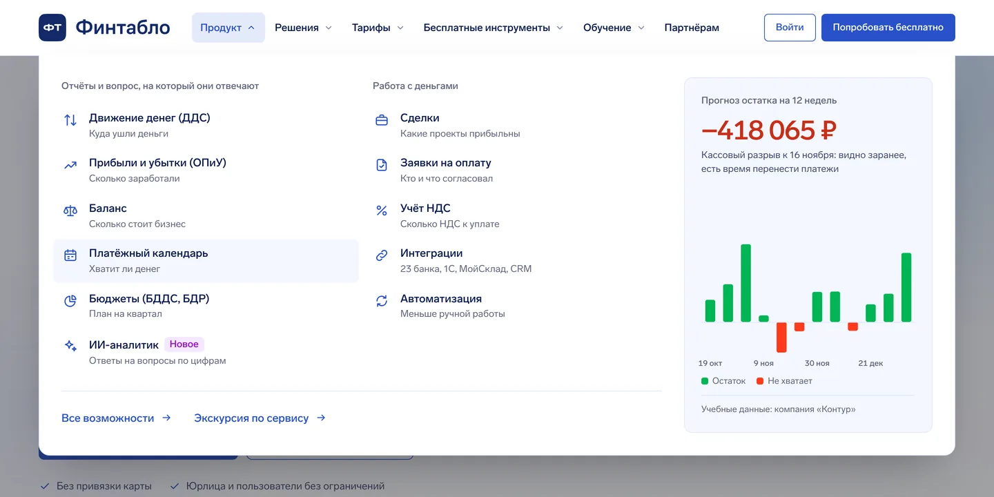 Прототип мега-меню сайта Финтабло из веб-брендбука: раздел «Продукт» с живым превью платёжного календаря