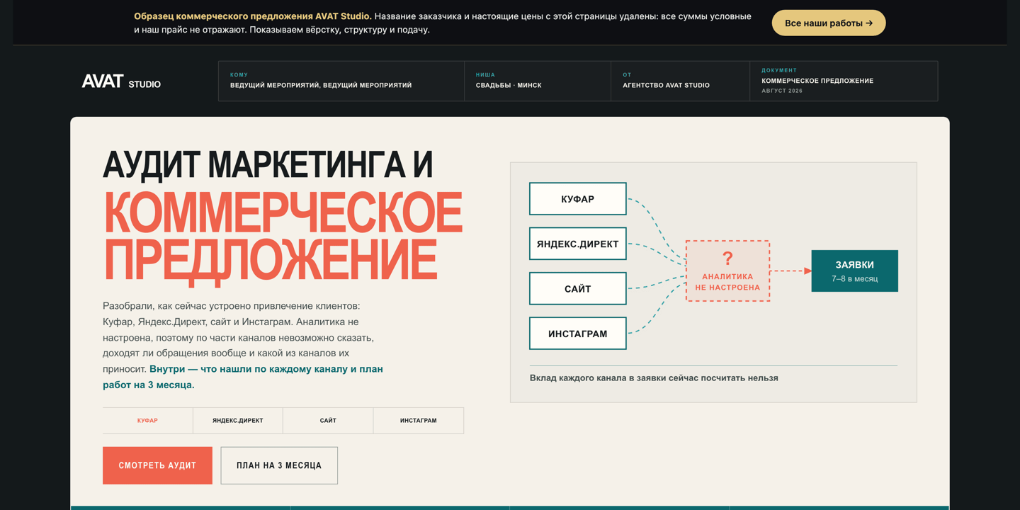 Первый экран коммерческого предложения для ведущего мероприятий