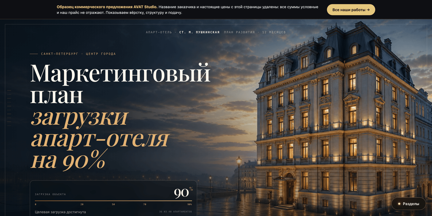Первый экран коммерческого предложения по маркетингу апарт-отеля