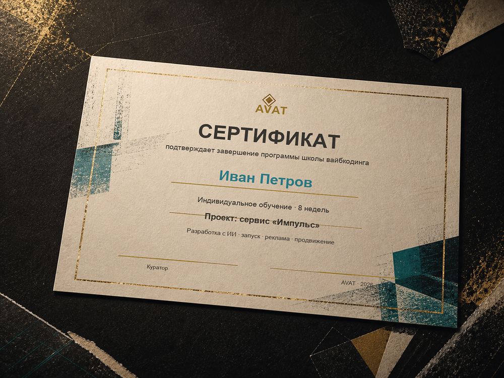 Именной сертификат школы вайбкодинга AVAT с названием проекта выпускника